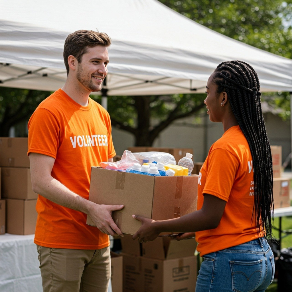 volunteers, team, volunteering, help, charity, giving, helping, donating, donation, goods, distribution, box, fundraising, present