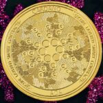 a gold coin sitting on top of purple glitter